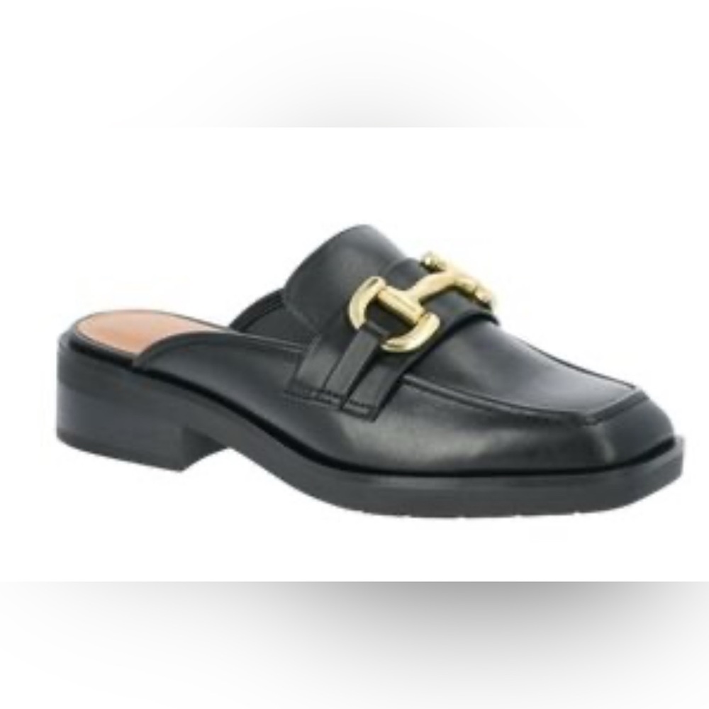 Time and Tru Black Leather Slip-On Mule with Gold Buckle